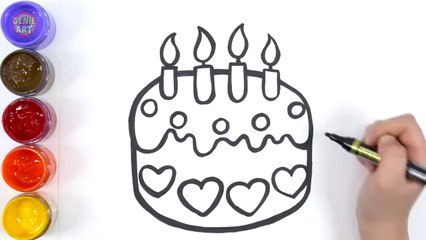Let's learn to glitter Cake drawing and coloring, painting for kids! - GENiEART -