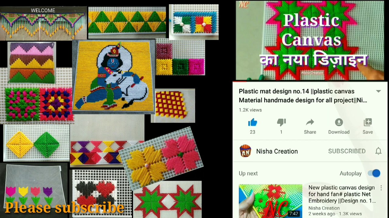 Plastic canvas design hand fan. Wall hanging picture using plastic canvas. Plastic mat use different design.