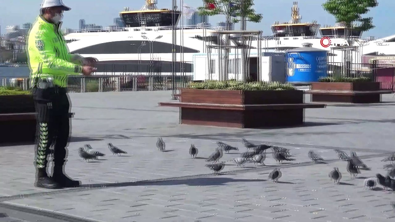 Trafik polisleri sokağa çıkma kısıtlamasında güvercinleri unutmadı