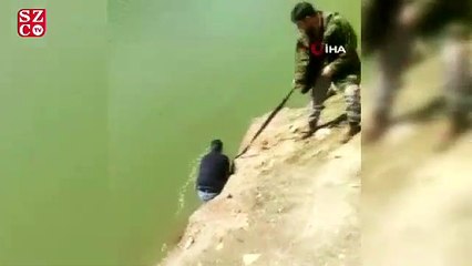 2 gün önce kaybolan keçi barajda bulundu, halatla kurtarıldı