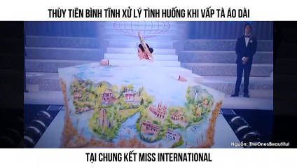 THÙY TIÊN BÌNH TĨNH XỬ LÝ TÌNH HUỐNG KHI VẤP TÀ ÁO DÀI  TẠI CHUNG KẾT MISS INTERNATIONAL