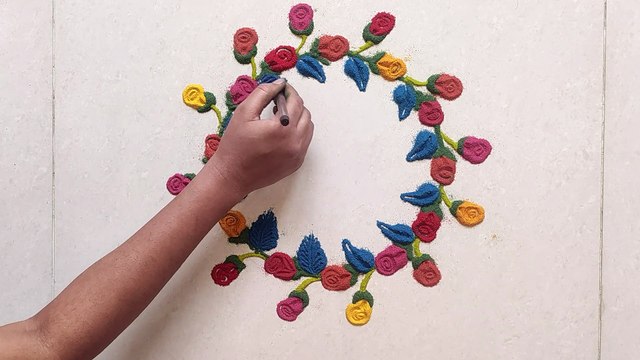 Beautiful Rose Flower Rangoli Design |Satisfying sand Art |Colourful Rose Flower Kolam