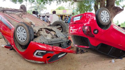 குடிபோதையில் கார் ஓட்டிய இளைஞர்கள்...தலைகீழாக கவிழ்ந்து விபத்து