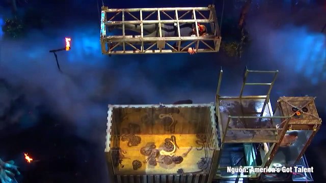 Thí sinh Got Talent làm vợ suýt bị rơi vào thùng rắn độc khi trình diễn tiết mục thoát thân nguy hiểm