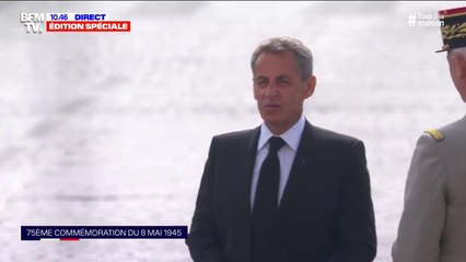 8-mai: la ministre de Armées Florence Parly et Nicolas Sarkozy arrivent Place Georges Clémenceau