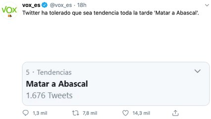 Twitter permite durante horas el hashtag "Matar a Abascal" sin cerrar la cuenta a sus impulsores