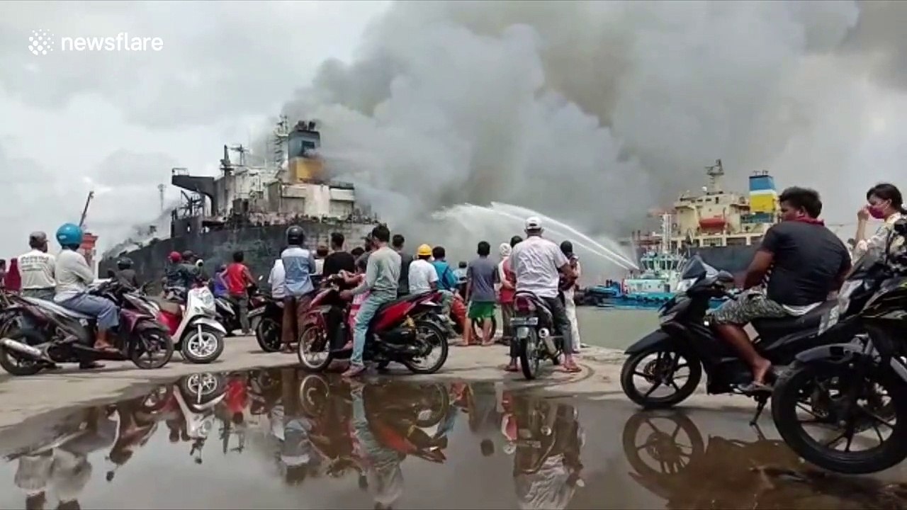 Fire breaks out on crude oil tanker at Port of Belawan in Indonesia