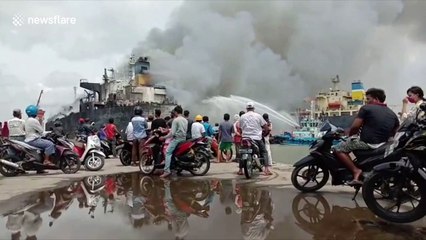 Fire breaks out on crude oil tanker at Port of Belawan in Indonesia