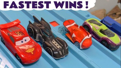 4 Lane Hot Wheels Race with Disney Cars McQueen and DC Comics The Joker and Batman with Funny Funlings in this Family Friendly Full Episode English Toy Story for Kids