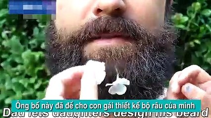 Con gái cắm hoa lá cành các thứ để trang trí râu cho bố