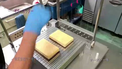 チーズケーキをギターカッターを使ってカットしています。【株式会社ソーキナカタ】