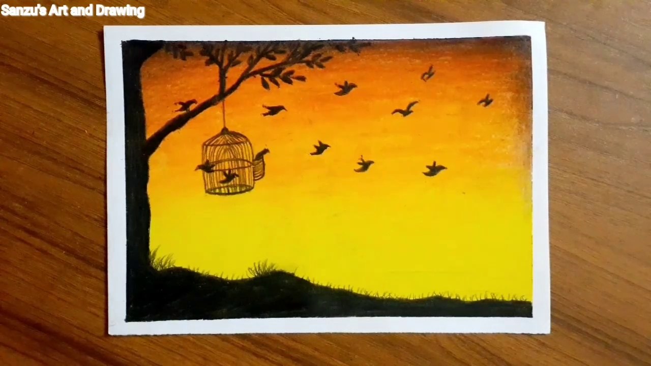 How to draw sunset scenery  with freedom birds step by step