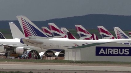 Planes grounded by coronavirus park at Spain’s Teruel Airport