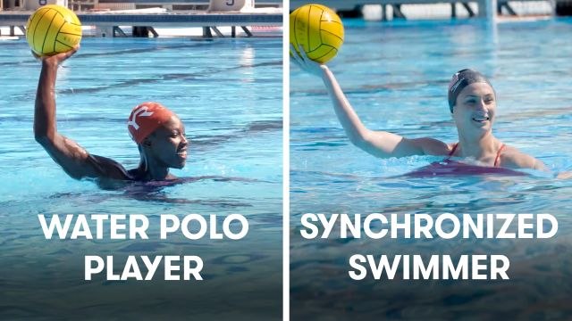 Synchronized Swimmers Try To Keep Up With Water Polo Players