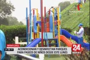 Limpian y desinfectan parques de Miraflores y San Isidro ante próxima salida de menores