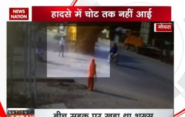 Caught on camera: Man escapes unhurt after being hit by dumper in Godhra