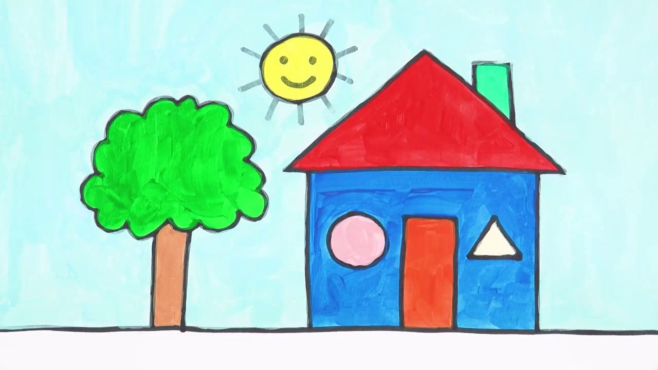 Drawing House form Shapes, easy acrylic painting for kids