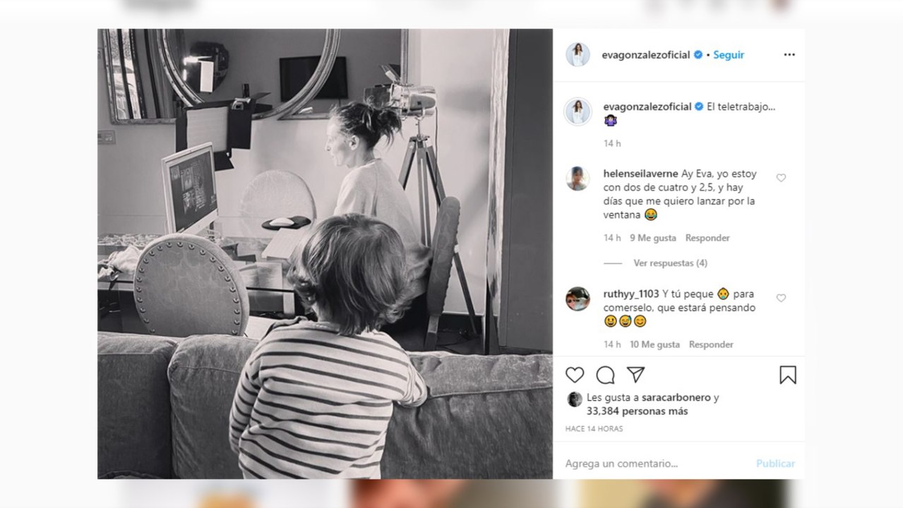 El pequeño Cayetano se convierte en compañero de teletrabajo de Eva González