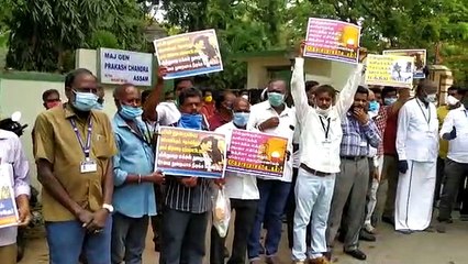 மின்துறை தனியார்மயமாக்கப்படுவதை கண்டித்து தமிழக மின்வாரிய தொழிற்சங்கங்களின் சார்பில் சென்னை அண்ணாசாலை மின்வாரிம் தலையகம் முன்பு கண்டன ஆர்ப்பாட்டம்!