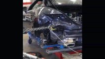 Frame pulling on Mercedes Benz SLK with Celette collision repair equipment and frame machine.