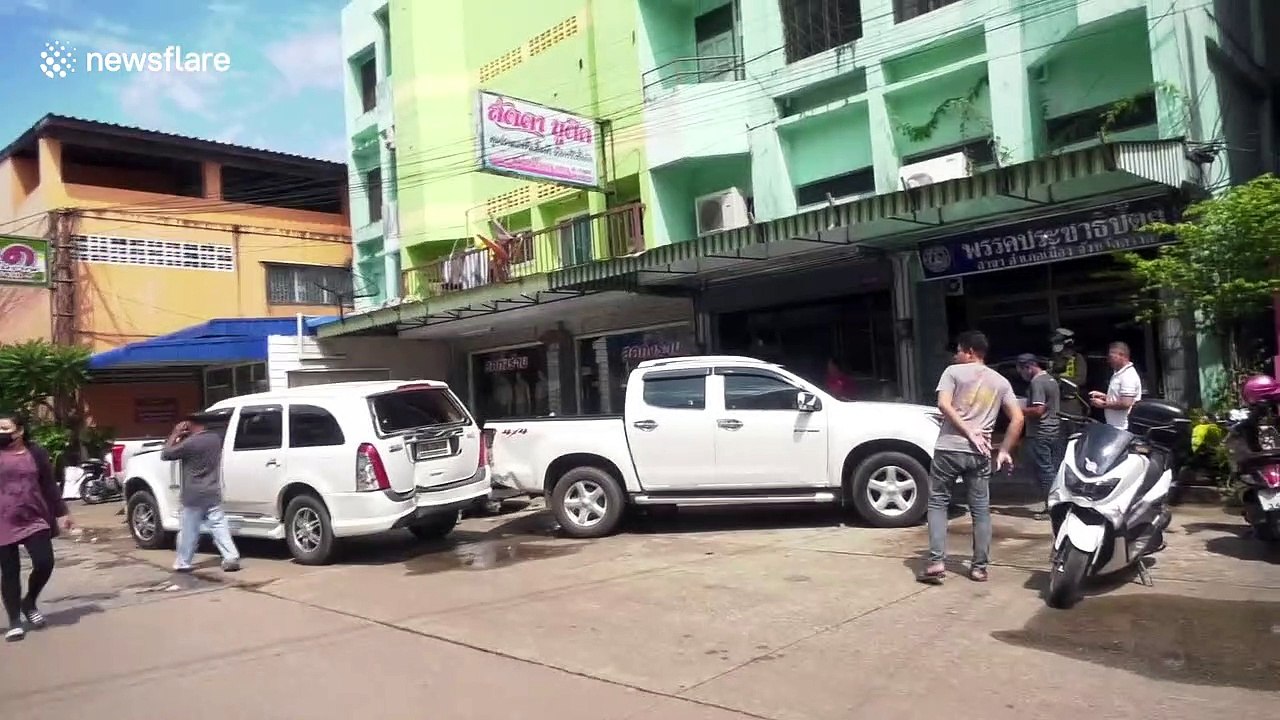 World's worst parking? Driver reverses into shop then jolts forward