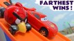 Hot Wheels Farthest Wins with Disney Pixar Cars 3 Lightning McQueen and Funny Funlings vs PJ Masks Superheroes and DC Comics in this Family Friendly Full Episode English