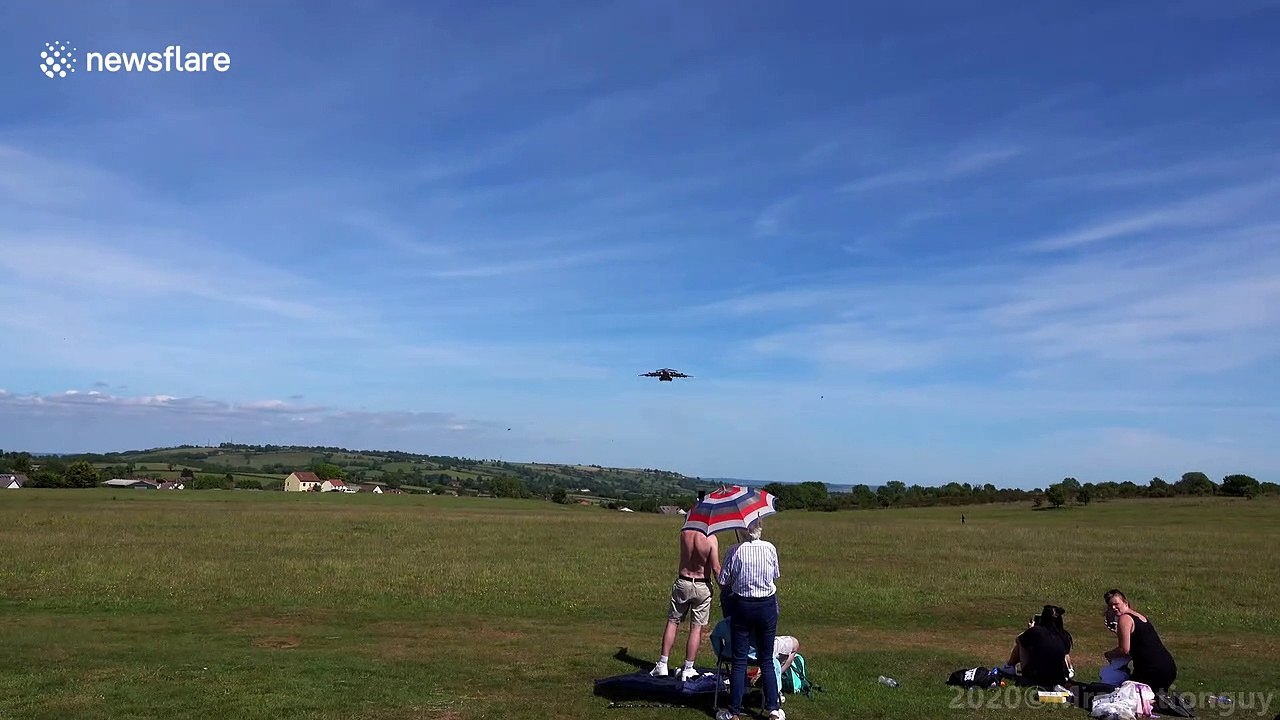 Extreme jet blast from an Royal Air Force Boeing C-17 Globemaster as it performs go around manoeuvre at Bristol Airport, UK