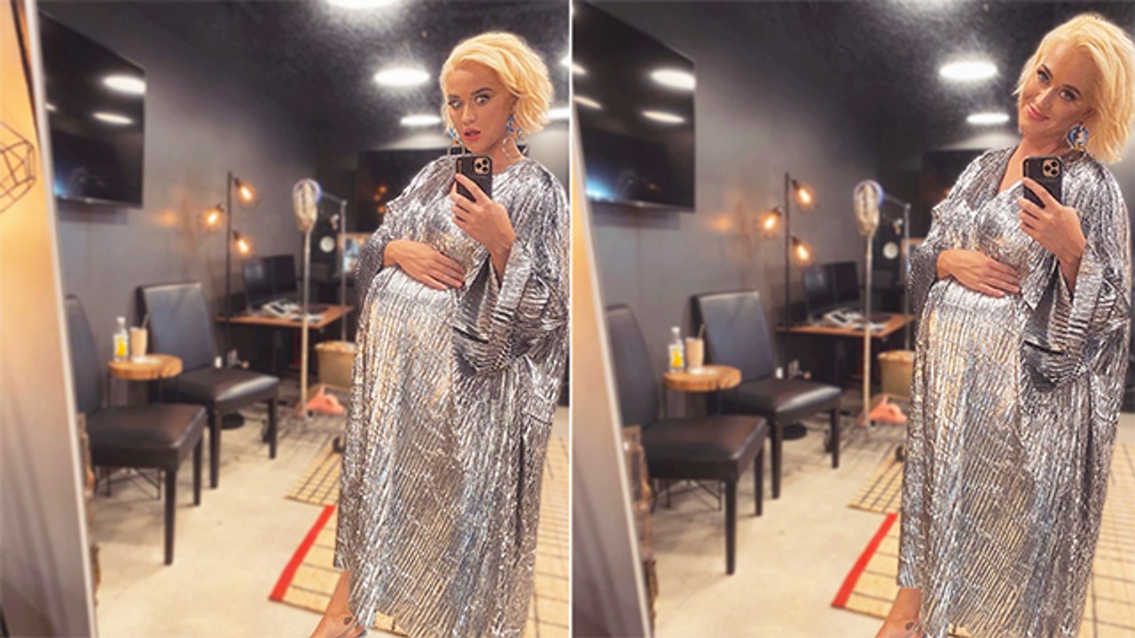 Katy Perry Shows Off Her Baby Bump Sparkling Silver Ensemble