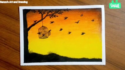 How to draw Sunset Scenery with Freedom birds (Step by step)