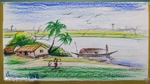 How to river side village scenery drawing step by step.