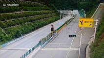 Chinese children move safety cones on highway to block road causing traffic jam