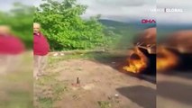 Benzin döküp tankerin lastiğini ateşe verdi
