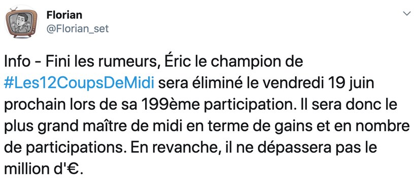 Les 12 coups de midi : on connaît la date de l’élimination d’Éric !