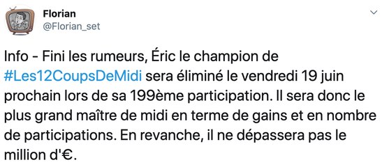 Les 12 coups de midi : on connaît la date de l’élimination d’Éric !