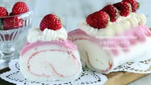 いちごの白いロールケーキ レアチーズ味 Strawberry Cream Cheese Swiss Roll Cake｜HidaMari Cooking