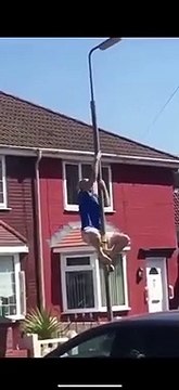 Il grimpe sur un lampadaire, fait une figure stylée puis tombe.