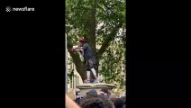 Protester gives speech standing on the spot where slave trader Edward Colston statue stood in Bristol