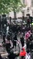 Polícia cai do cavalo após embater contra poste durante protestos em Londres