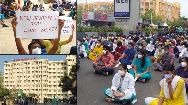 #GandhiHospital : Junior Doctors ప్రొటెస్ట్ Near Gandhi Hospital Over ఎటాక్ On Them