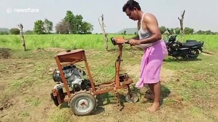 Farmer builds motorised plough from scrap in central India