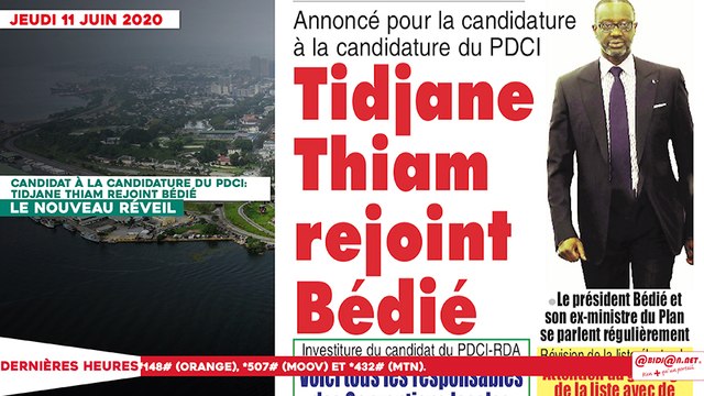 Le titrologue du jeudi 11 juin 2020/ Annoncé candidat à la candidature du PDCI, Tidjane Thiam rejoint Bédié