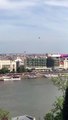 Commercial Plane Flying Low Over Danube River