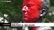A statue of former Belgian King Baudouin defaced with red paint