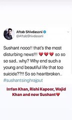 सुशांत सिंह के सुसाइड पर बॉलीवुड डुबा शोक में, पढ़िए किसने क्या कहा