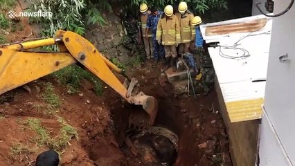 Indian farmers rescue bison trapped in well using excavator