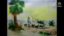 Watercolour painting of herd.Water colour landscape painting.