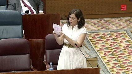 Ayuso denuncia en la Asamblea el plan de Franco: "El PSOE quiere acabar con mi Gobierno, no con el virus"