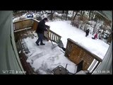 Kid Slips Down Snow Covered Steps While Shovelling Snow