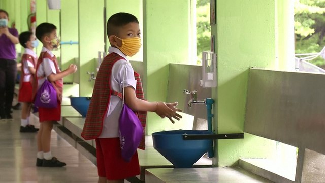 Thai kindergarten rehearses coronavirus prevention measures before schools reopen nationwide