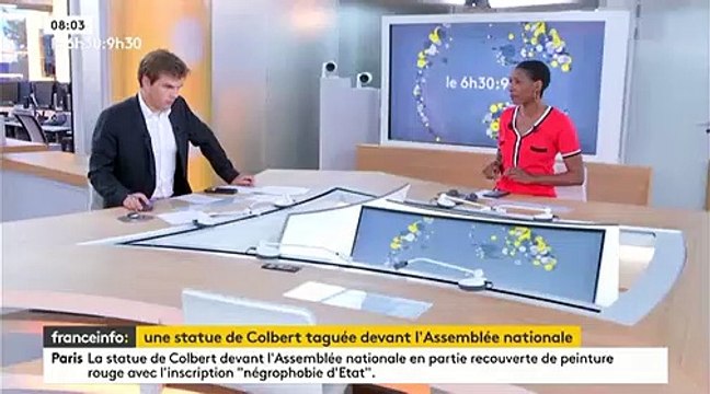 La statue de Colbert devant l’Assemblée nationale en partie recouverte de peinture rouge et taguée d’une inscription Négrophobie d’Etat - VIDEO